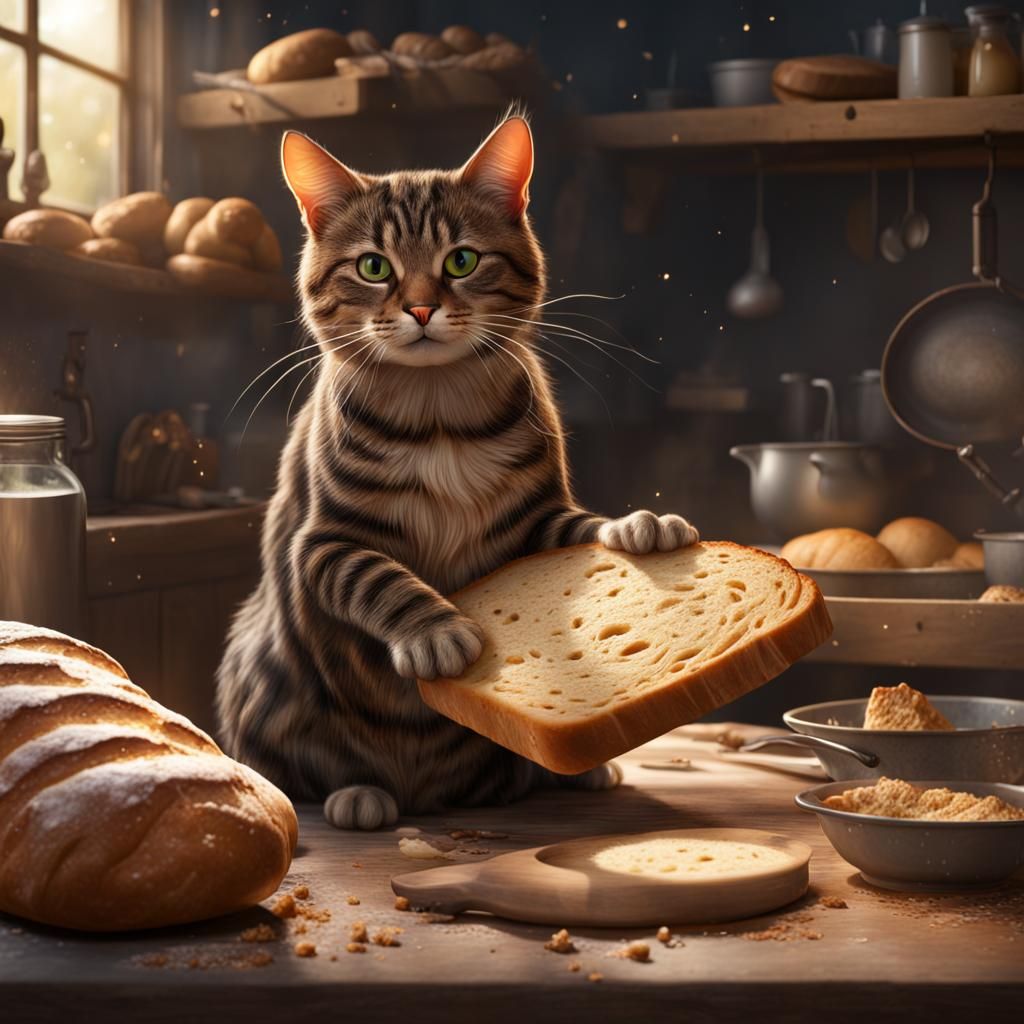 Brown Tabby Cat Baking Bread in Detailed Painting