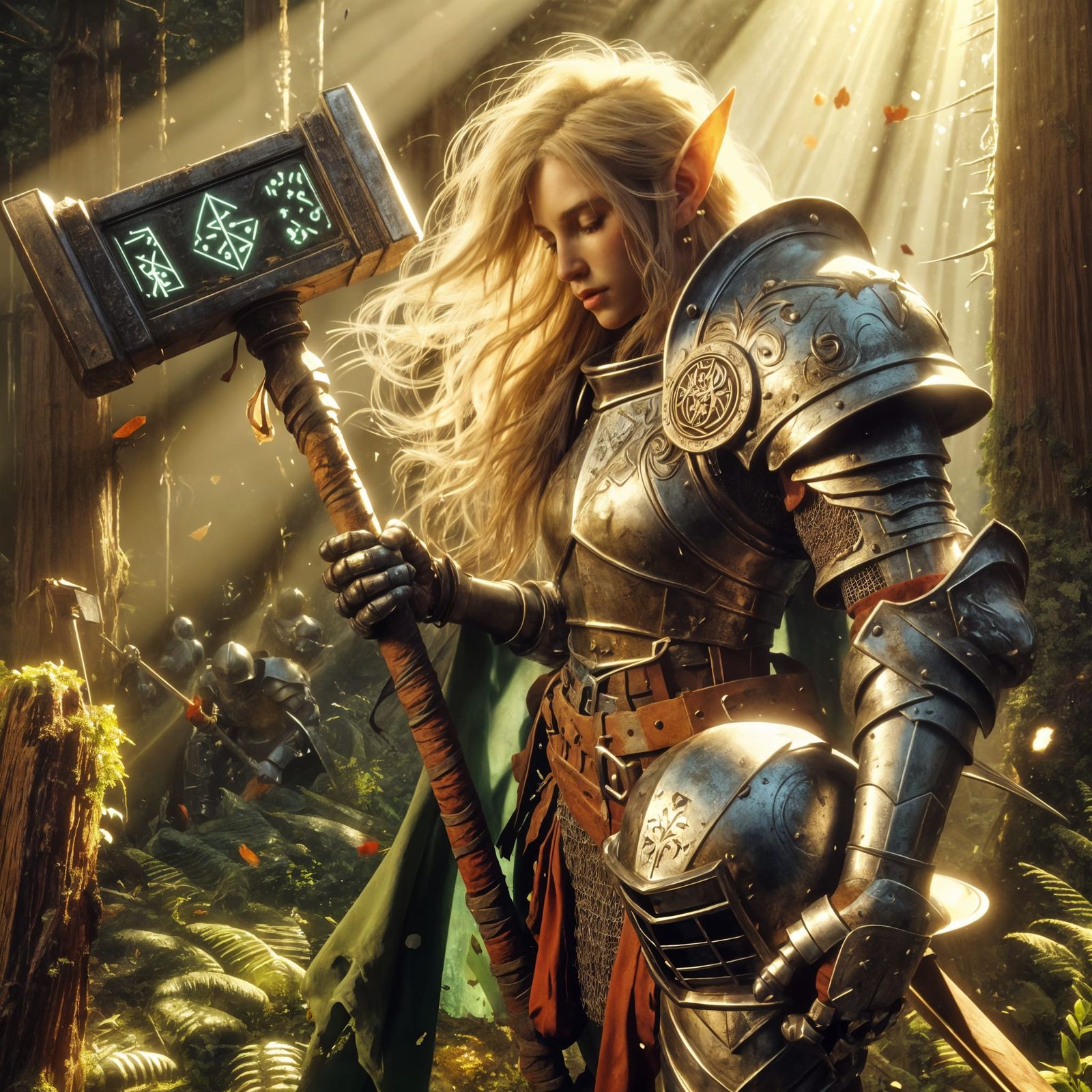 Exhausted Elf Knight Stands Guard in Sunny Forest