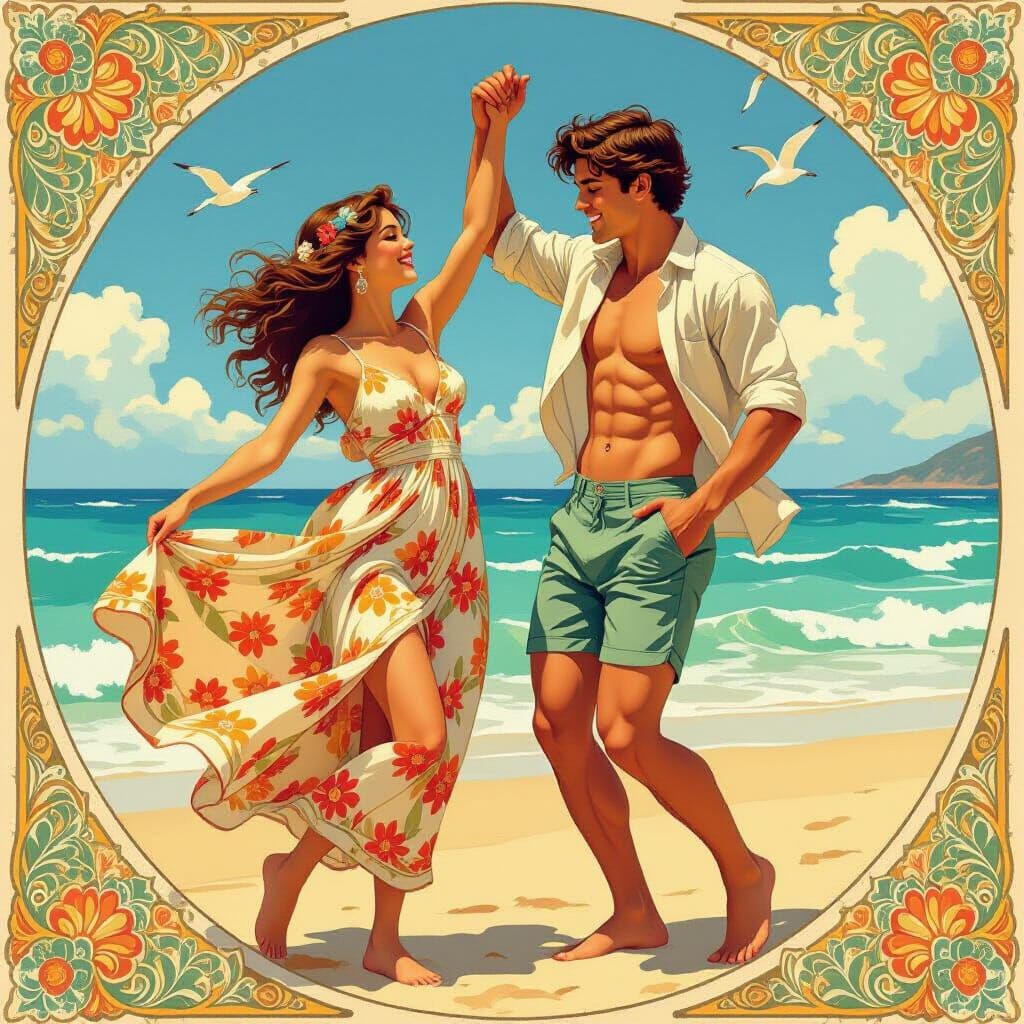Romantic Beach Dance in Art Nouveau Style
