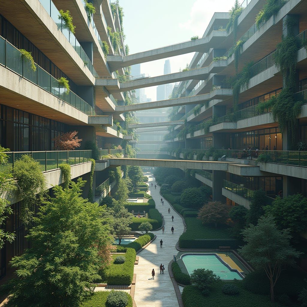 Epic Urban Oasis with Interconnected Buildings and Lush Gree...
