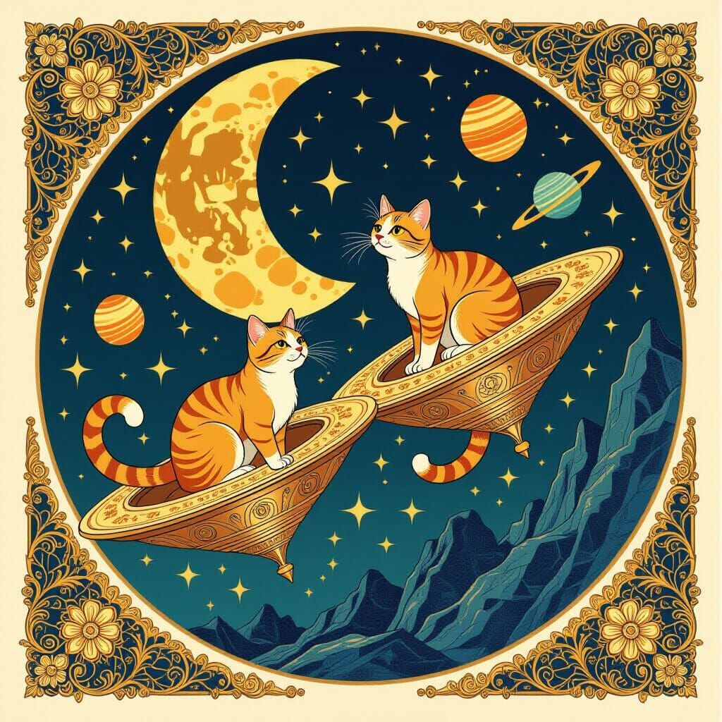 Cosmic Cats Flying to the Moon in Klimt Art Nouveau Style