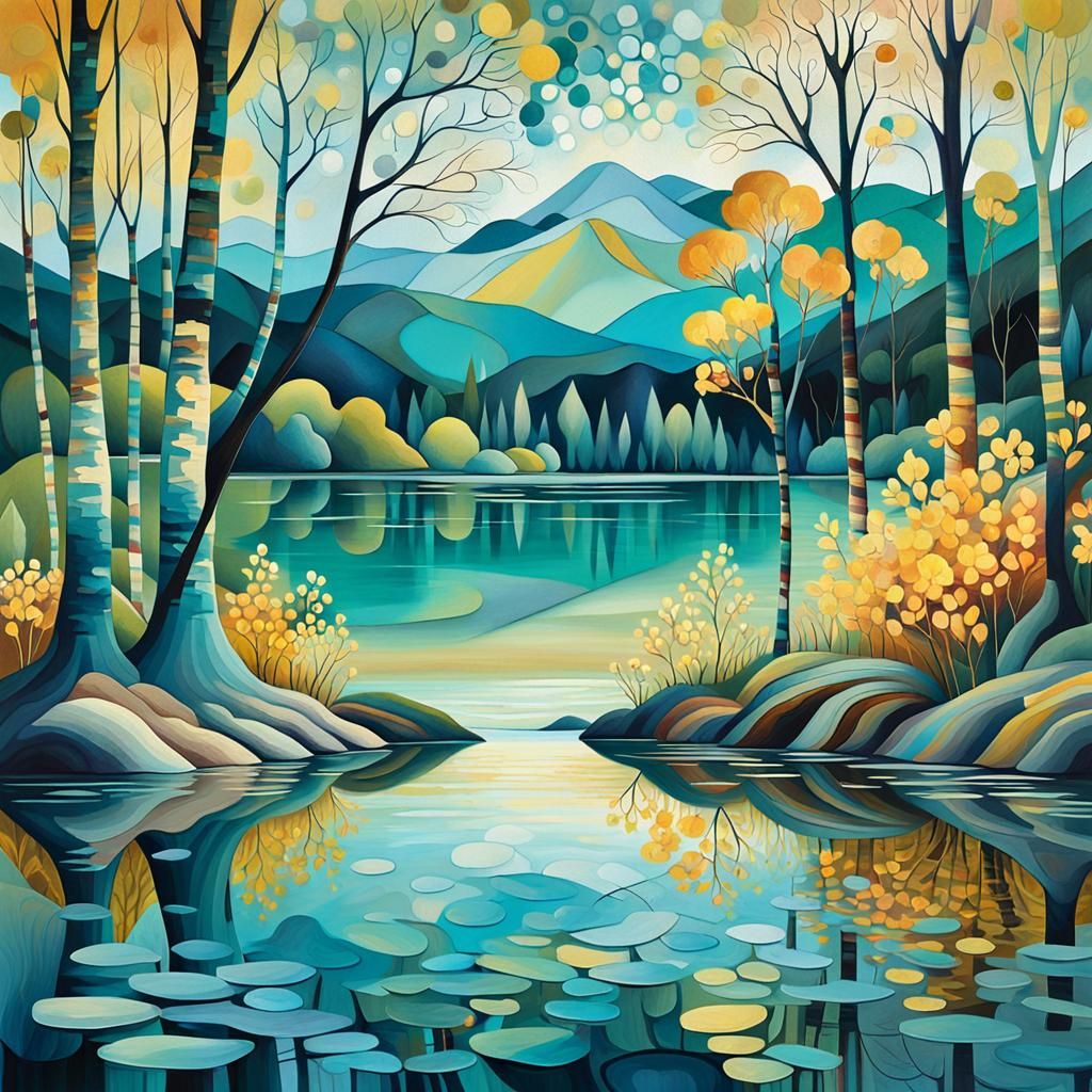 Lake Landscape Painting with Iridescent Reflections
