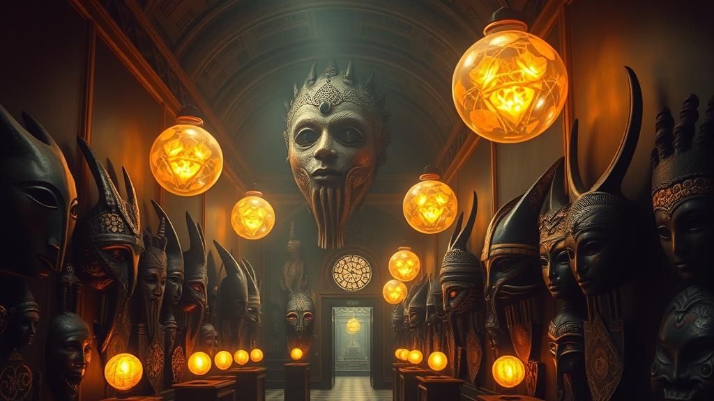 Mystic African Masks in Surreal Dreamlike Museum