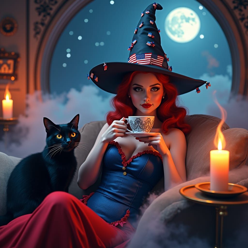 Retro Witch Lounging with Cat in Dreamy Twilight