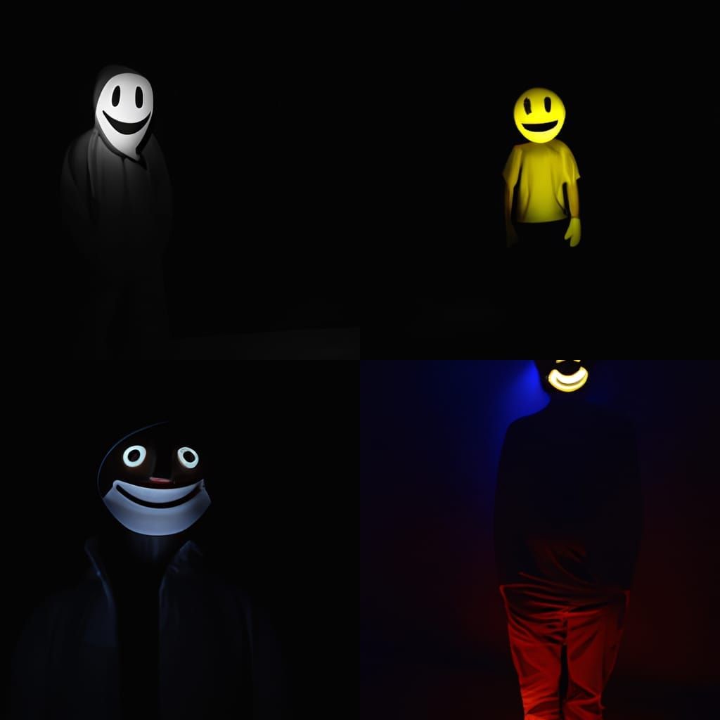 Eerie Figure in Darkness Wearing Smiley Mask