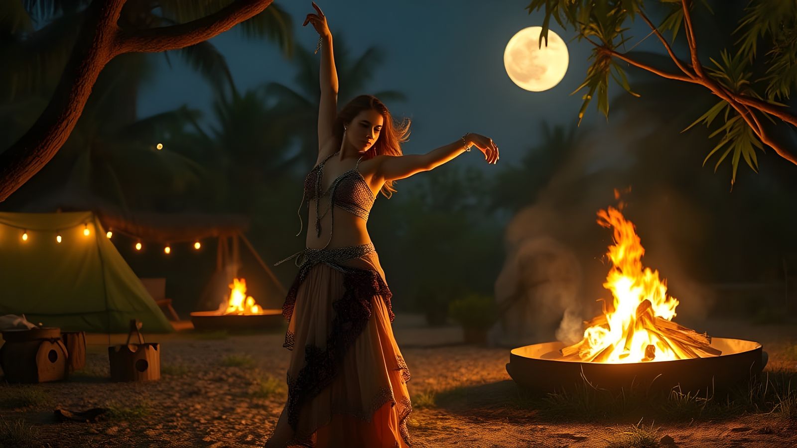 Moonlit Oasis Belly Dancer by Campfire