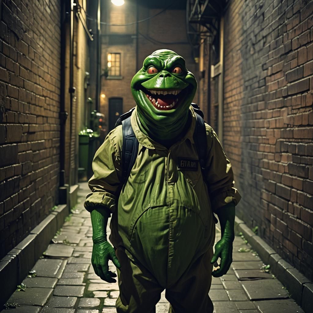Slimer in Dark Alleyway: Cinematic Film Still