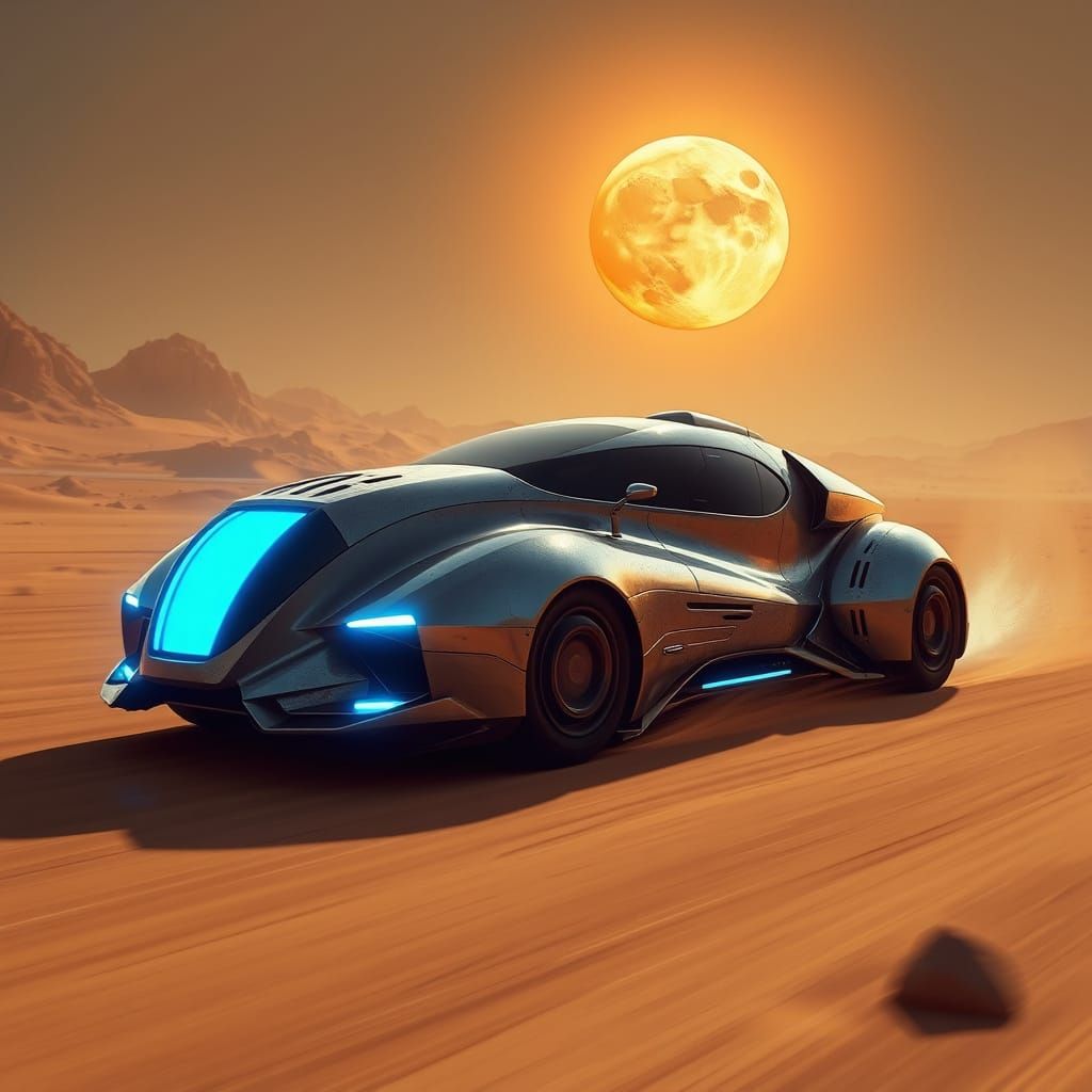 Futuristic Armoured Car Under Orange Moonlit Desert