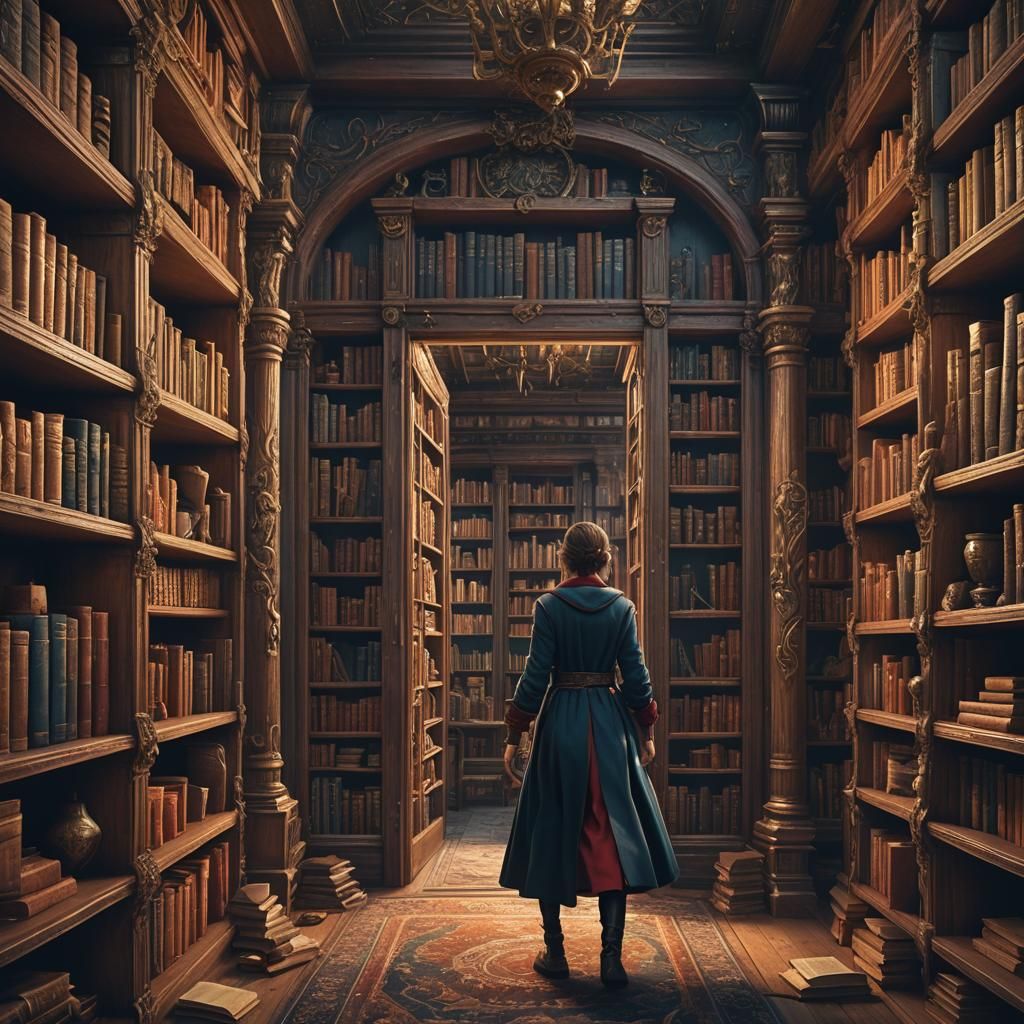 Woman Enters Bookcase Portal: Detailed Matte Painting
