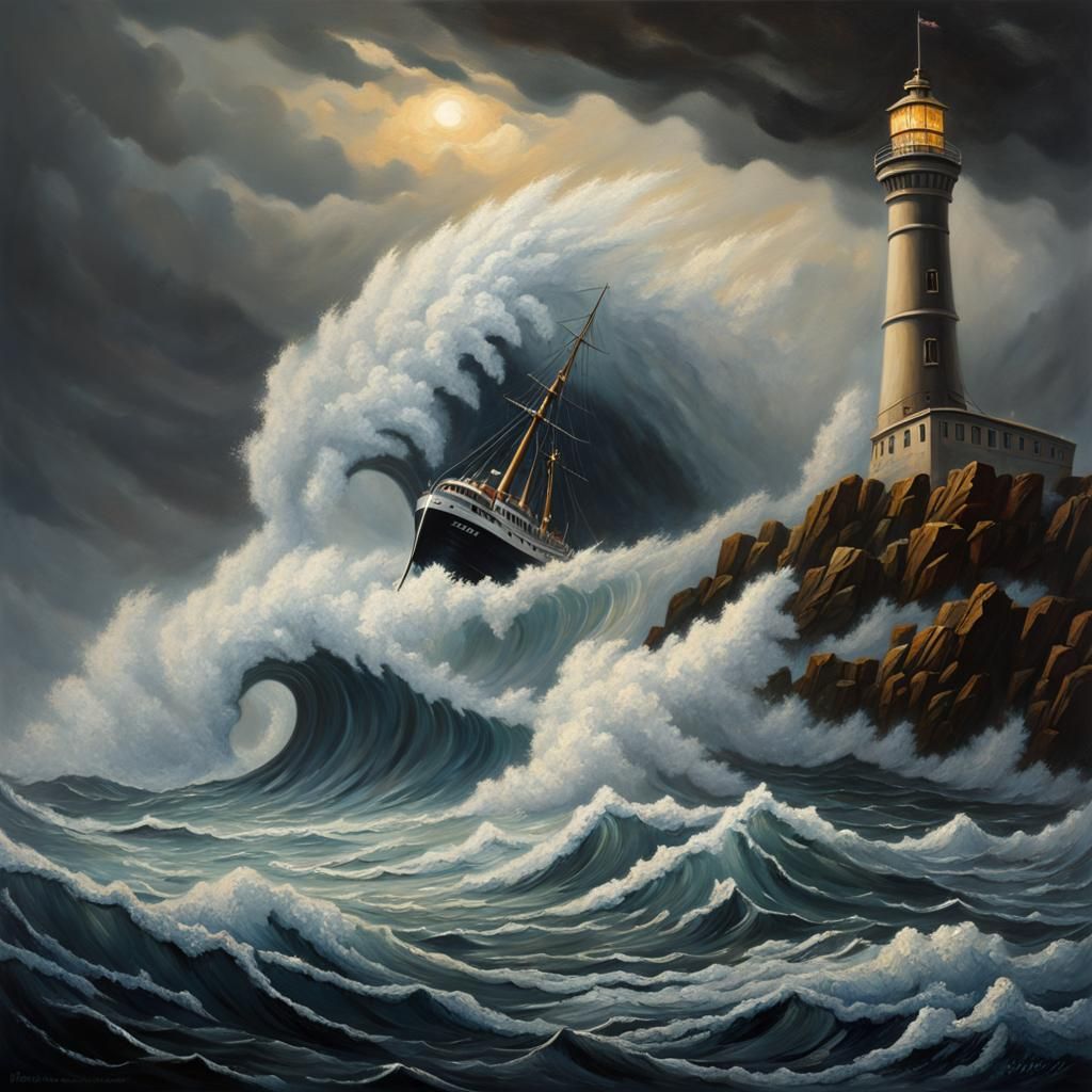 Ship in Stormy Seas as Oil Painting