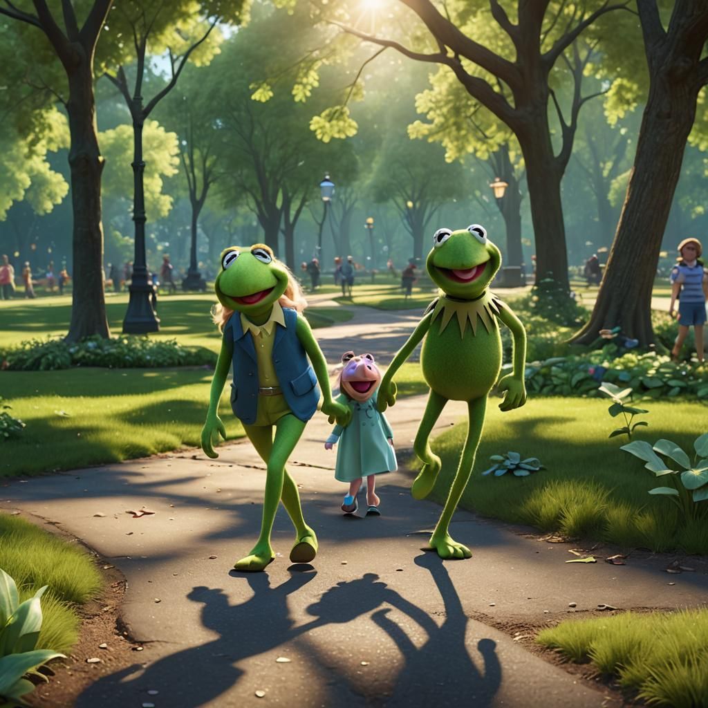 Kermit and Miss Piggy in Sunny Park, Pixar Style