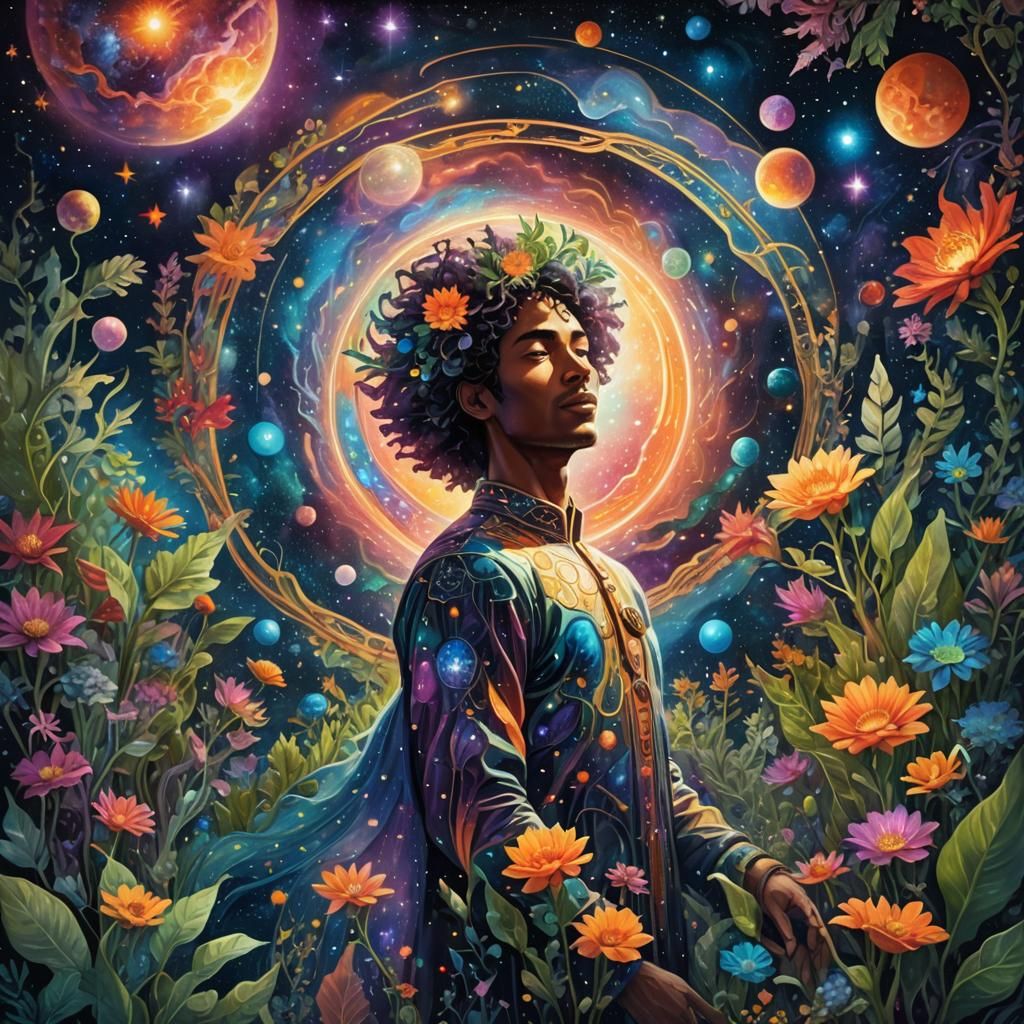 Cosmic Being in Holographic Cosmos: Surreal Illustration