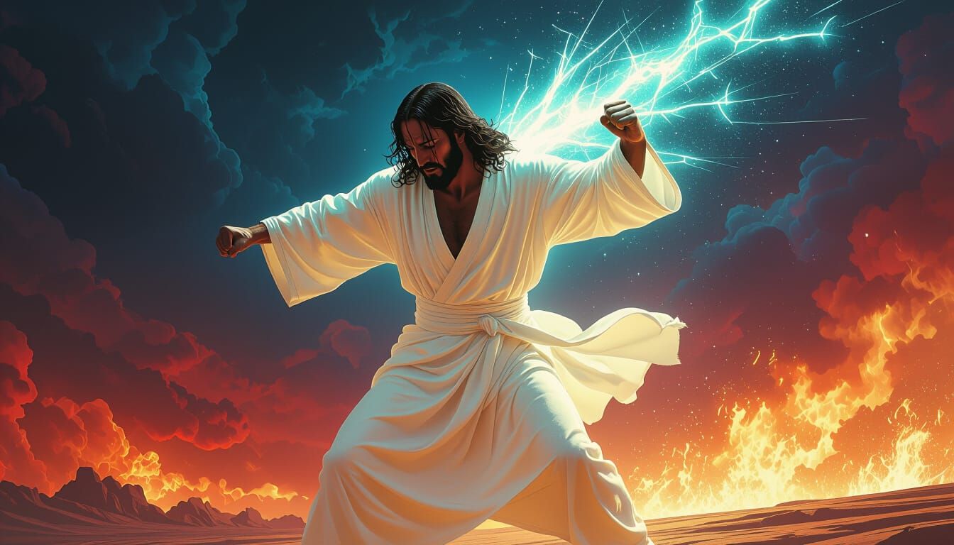 Jesus Battles in Surreal Heaven and Hellscape