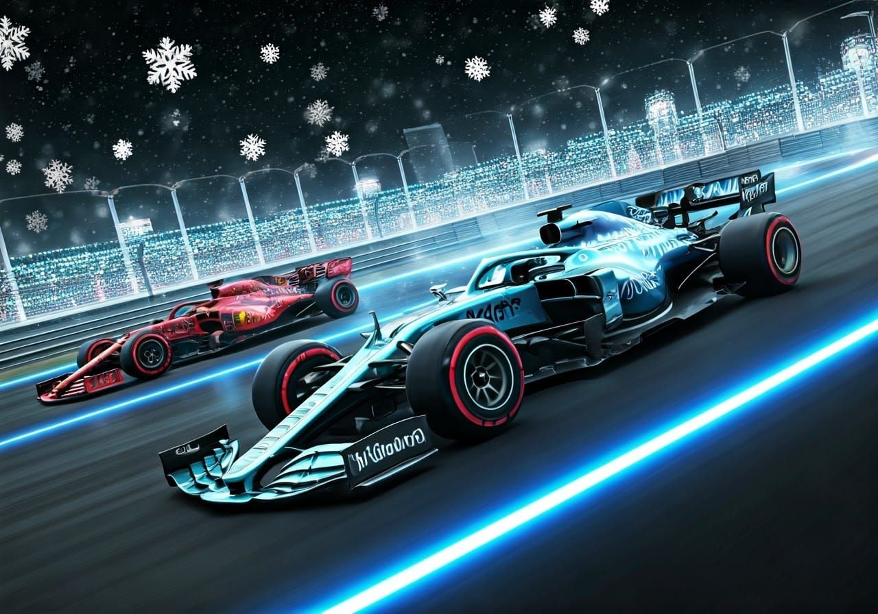 Futuristic F1 Cars on Neon Track, 3D Rendered