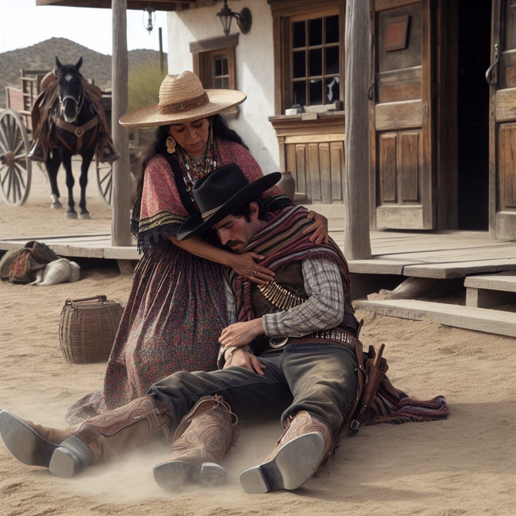 Mexican Woman Cradles Cowboy Outside Desert Saloon
