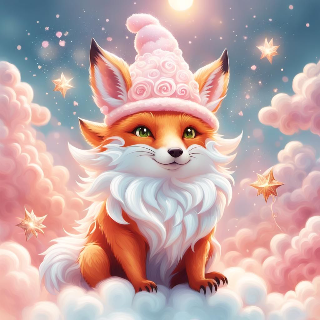 Concept art. Medium shot. A fox-dragon hybrid marshmallow creature sits on a fluffy cloud, wearing a charming hat. Whims...