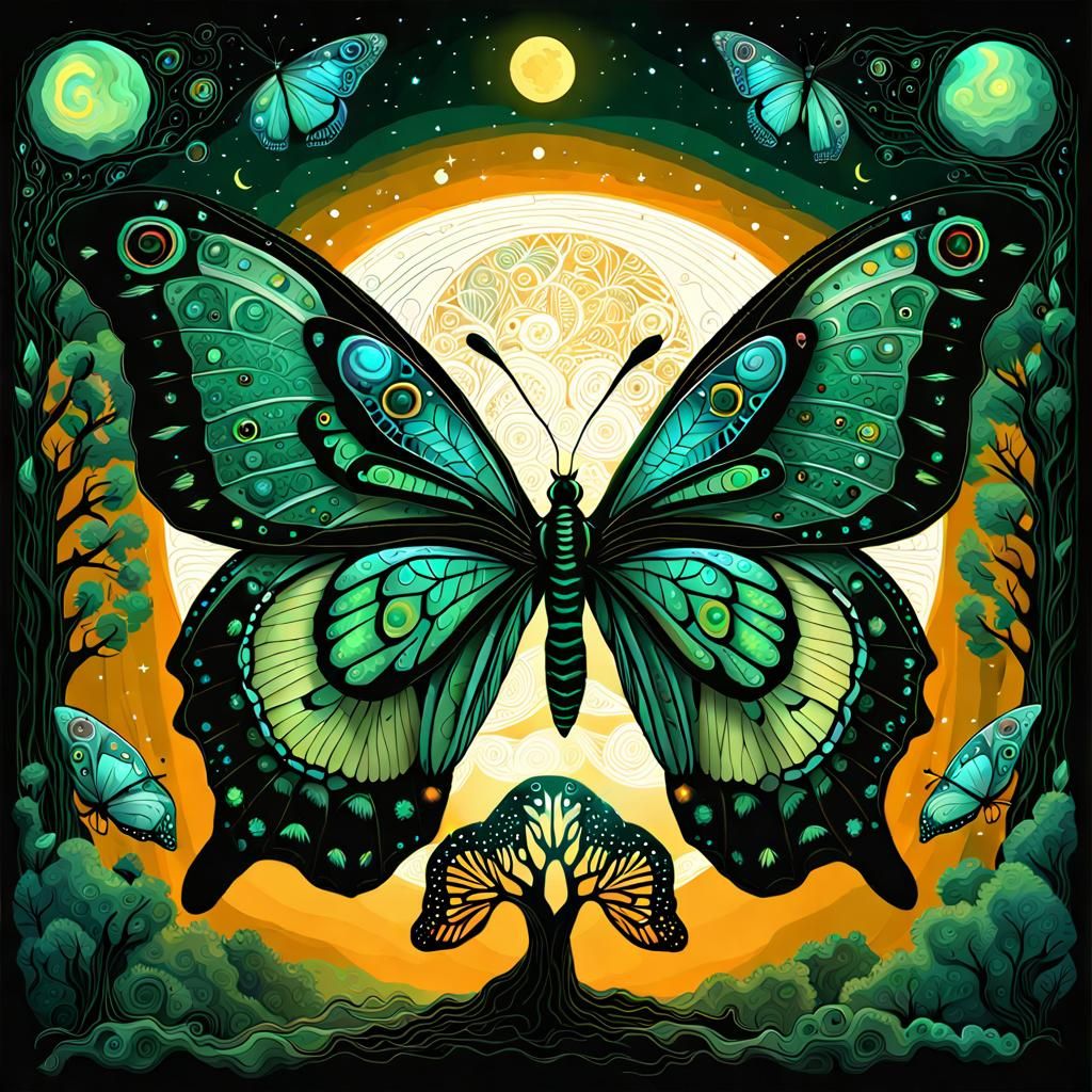 Bioluminescent Butterfly with Colorful Wings in Folk Art Sty...