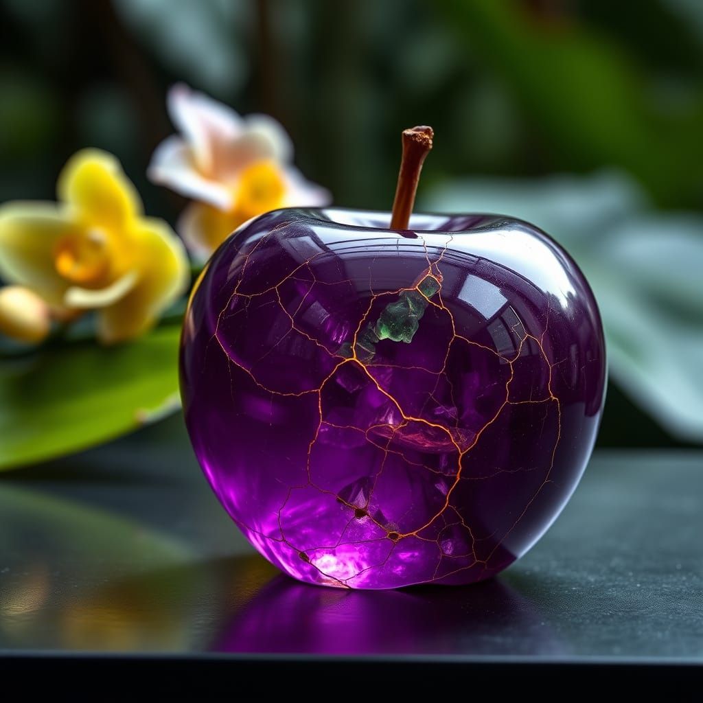 Hyper-Realistic Amethyst Apple in Rainforest Setting