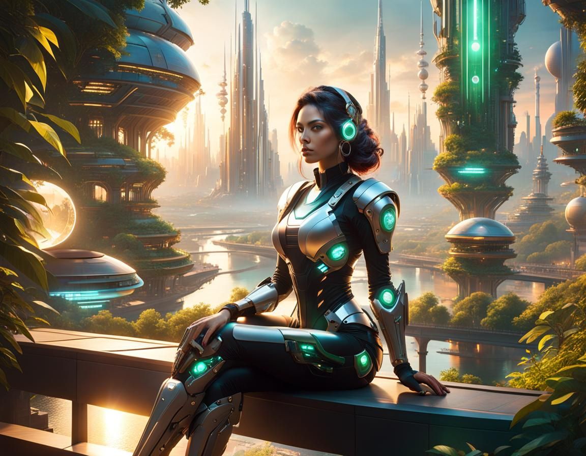 Cybernetic Woman Overlooking Utopian Future City