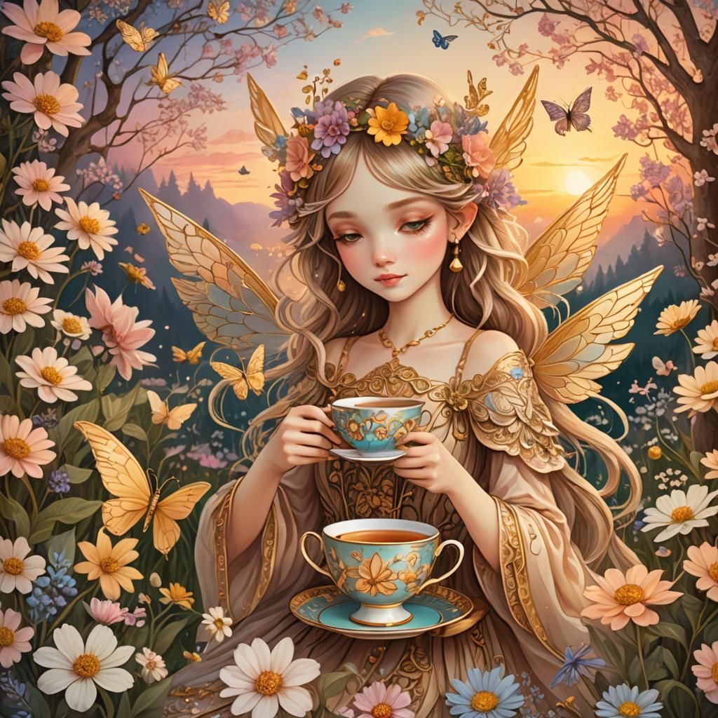 Floral Fairy with Golden Wings at Sunset