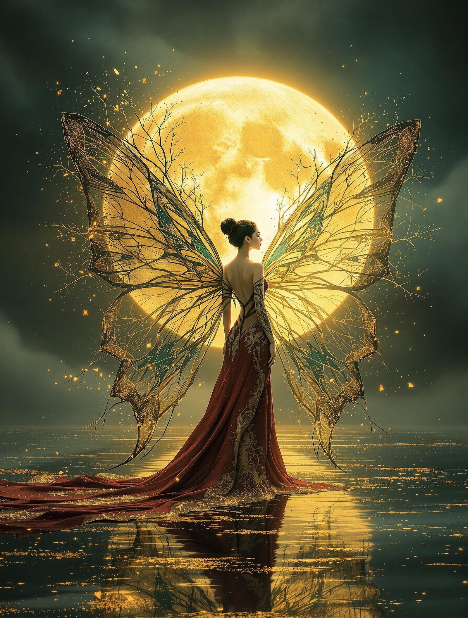 East Asian Woman with Butterfly Wings in Crimson Gown