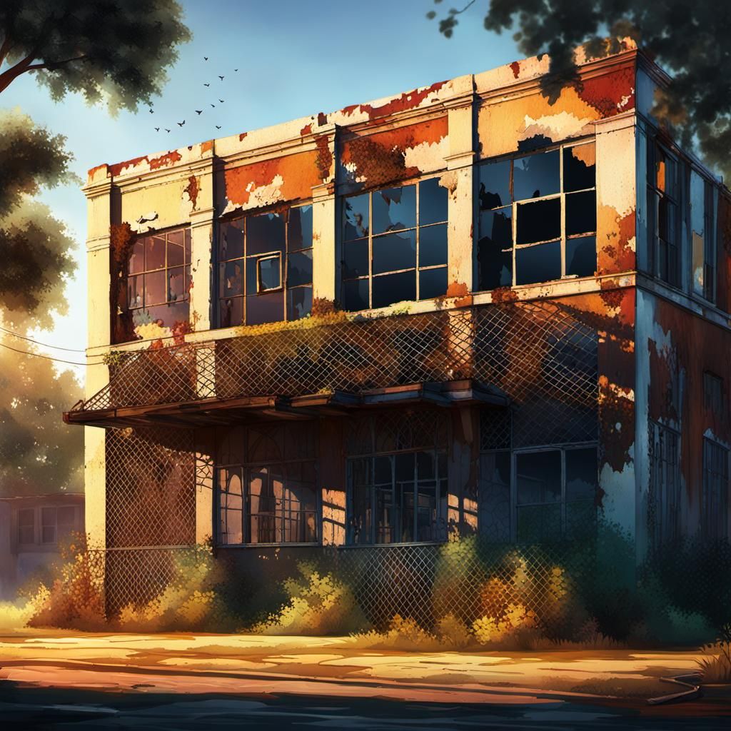 Worn School Building in Rural Suburbia: Hyperrealistic Conce...
