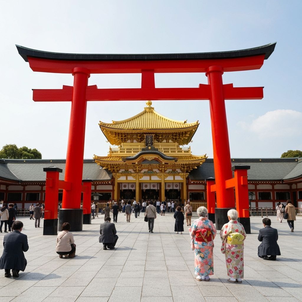 Golden Temple and Torii Gate with Worshippers