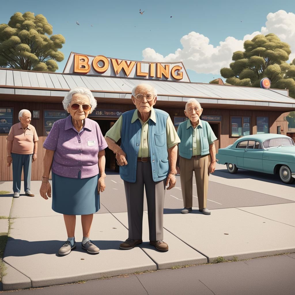 Cartoon Old People at Bowling Alley