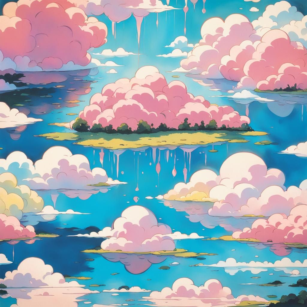 Water Puddle Reflecting Clouds in Ghibli Style