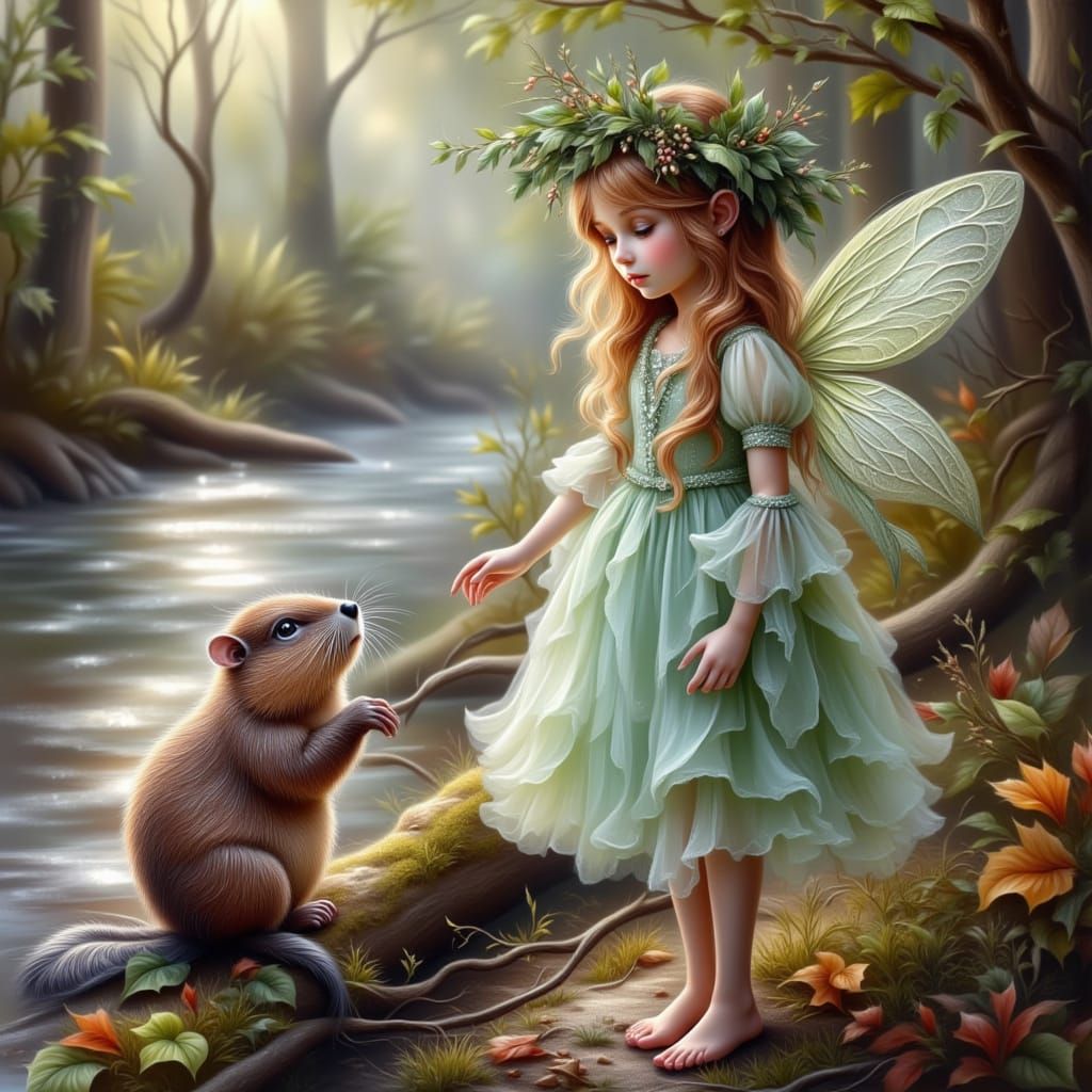 Fairy Girl Talks With Beaver by River in Autumn Forest