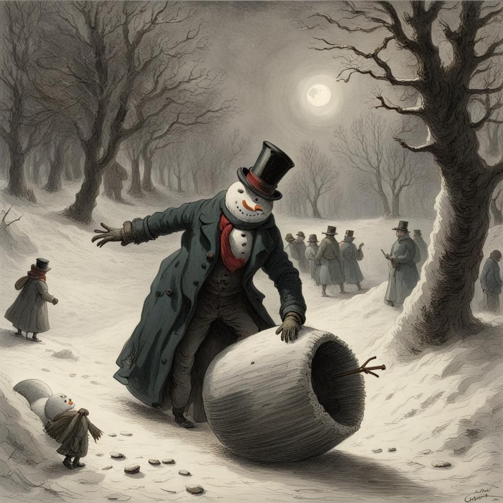 Snowman Frolic in Winter Landscape: Doré Style