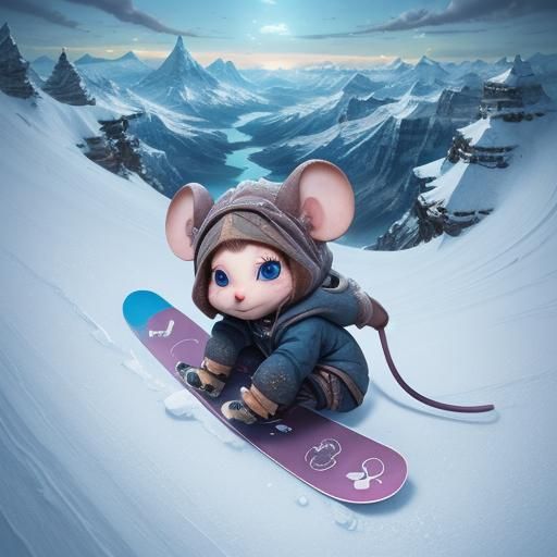 Chibi mouse snowboarding down a mountain, small, big eyes, kawaii, detailed matte painting, deep color, fantastical, int...