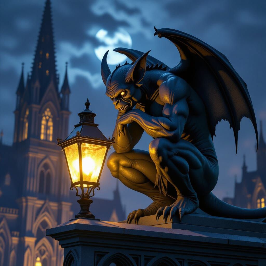 Gargoyle Perched Atop Gothic Church at Night