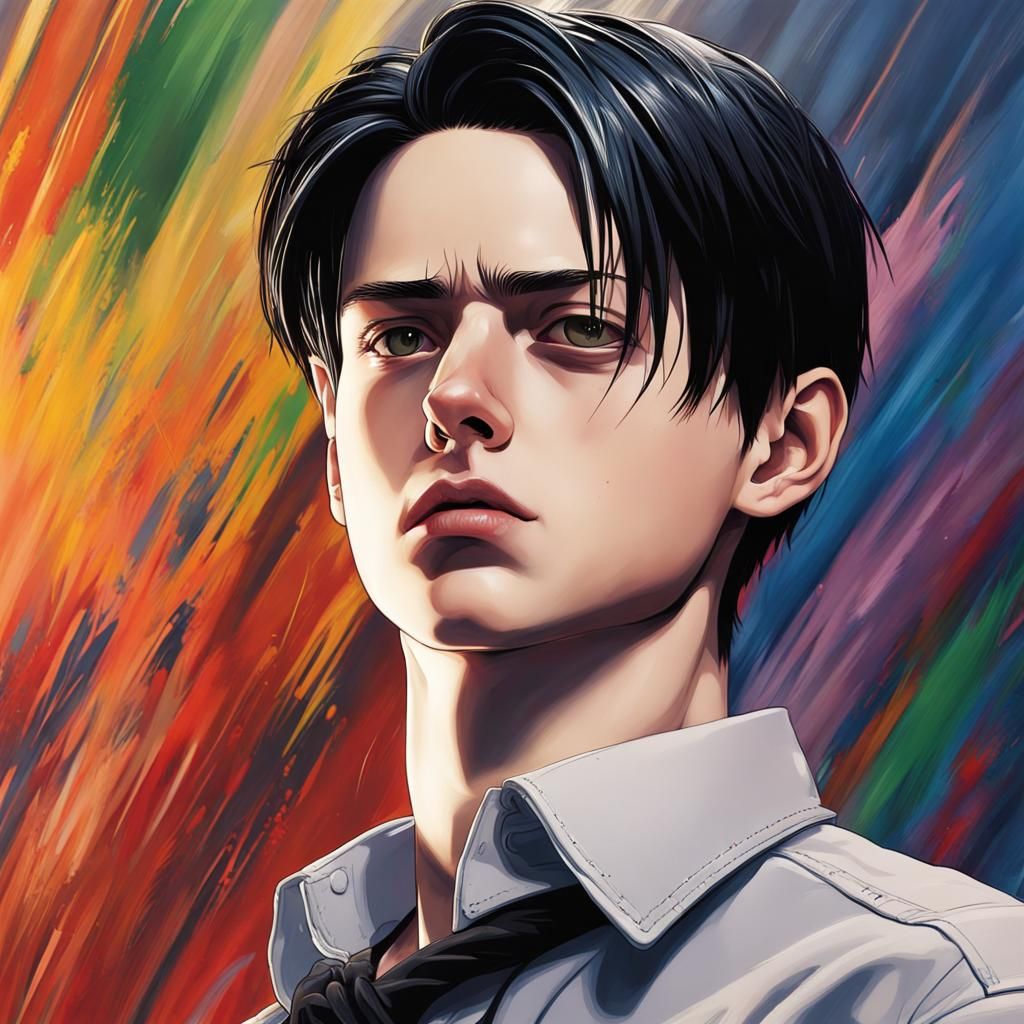 Hyperrealistic Portrait of Levi Ackerman in Splash Art Style