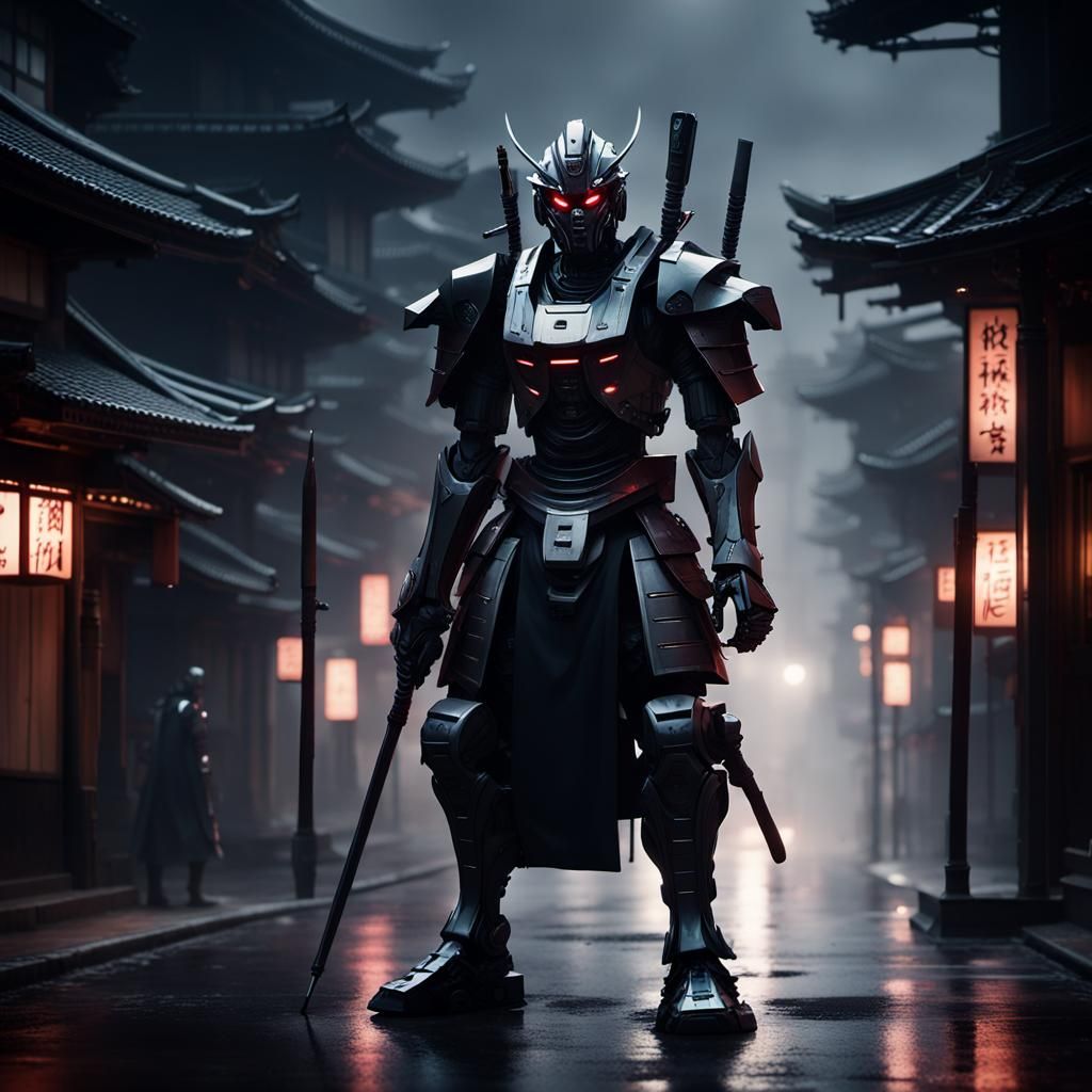 Robotic Samurai Stalks Gothic City Streets