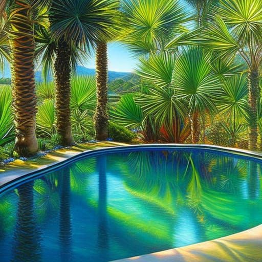 Motel Pool in Sunlight: Hyperrealistic Oil Painting