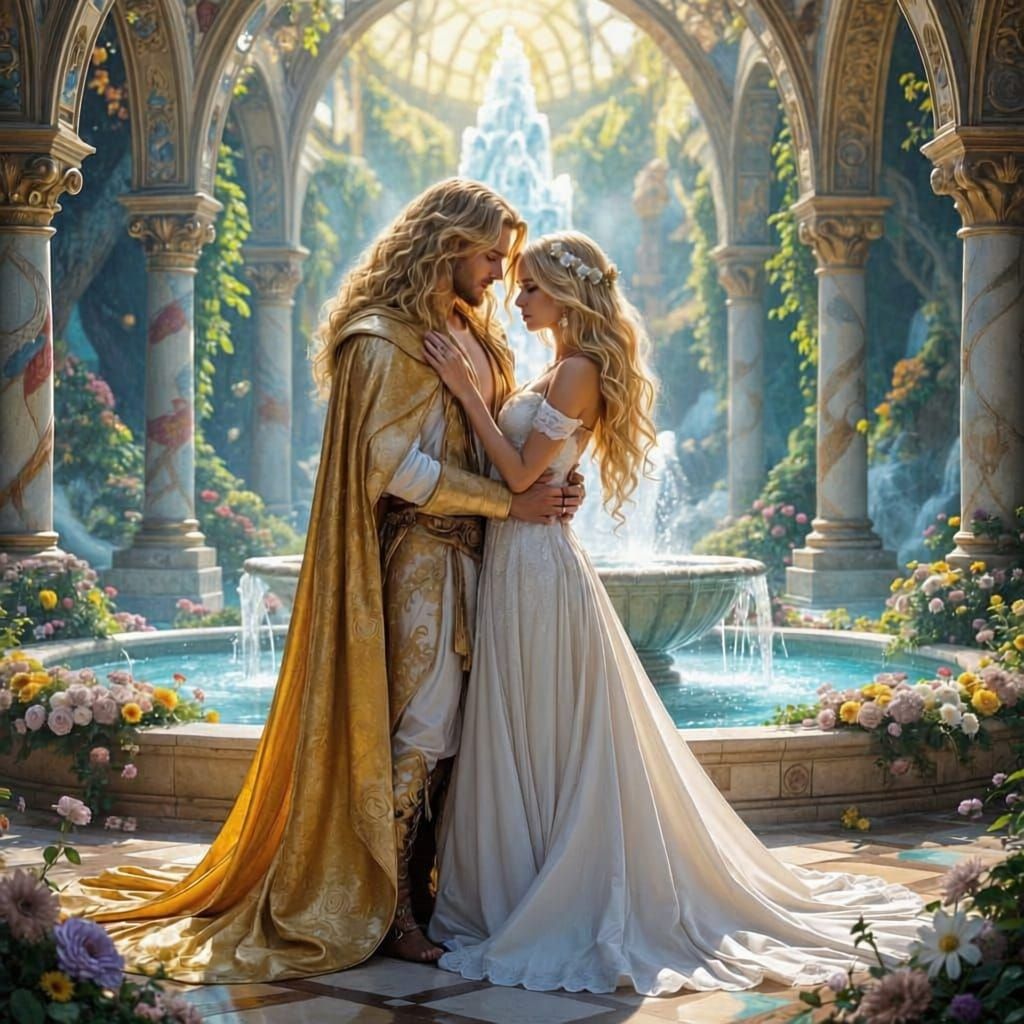 Golden Cloak Man Embraces Woman in Flower Fountain Sanctuary