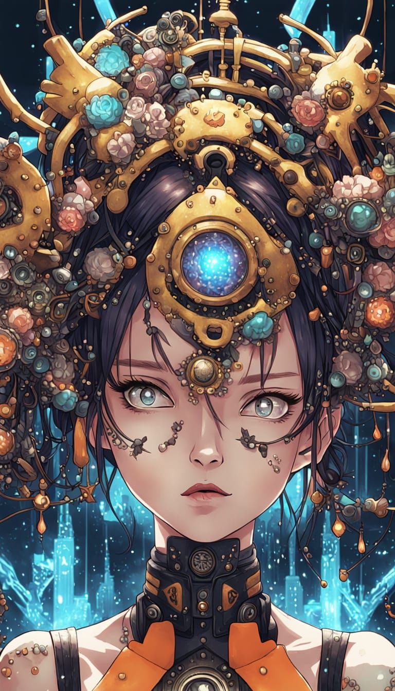 Cyberpunk Steampunk Goddess with Glowing Blue Circuits