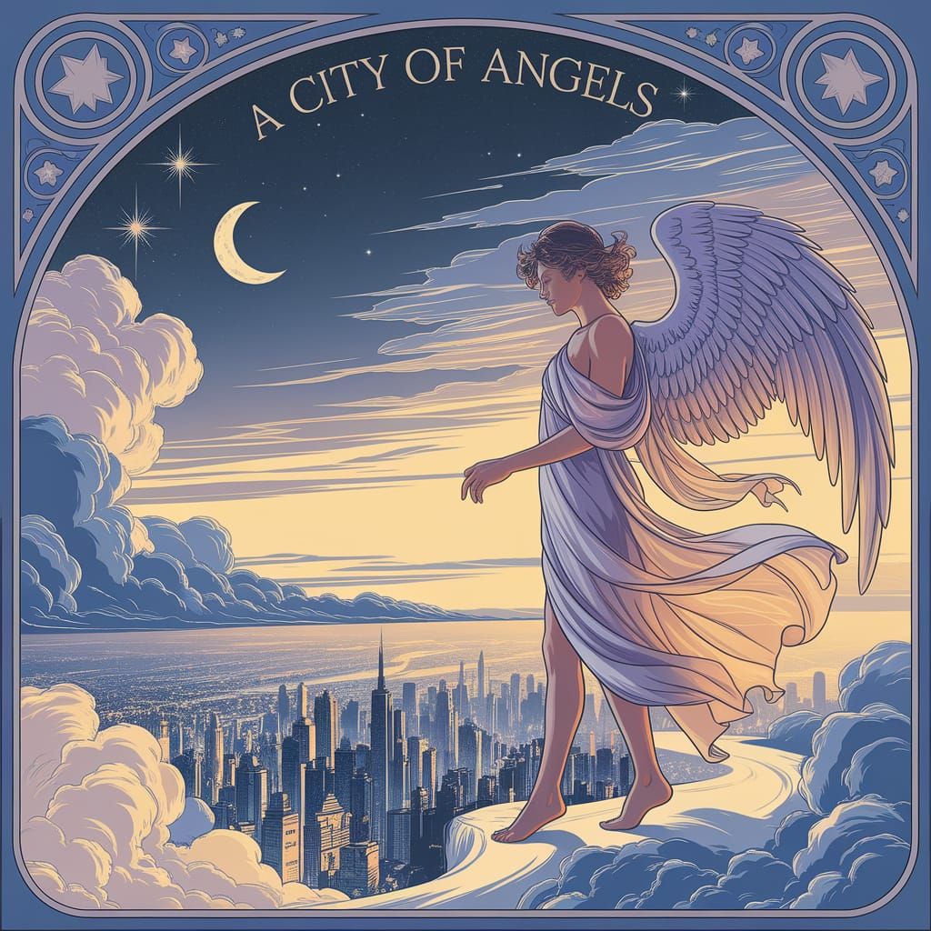 Angelic Figure in Twilight Cityscape as Art Nouveau