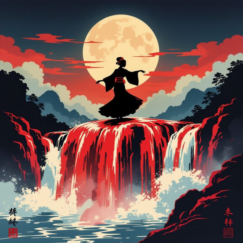 Japanese Dancer Silhouette on Red Waterfall in Ukiyo-e Style