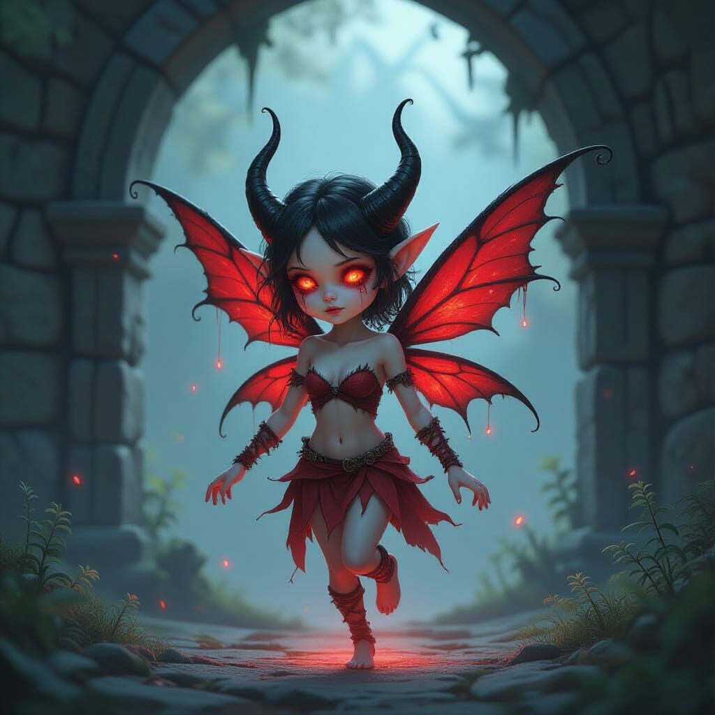 Demonic Red Pixie Bound by Glowing Filaments