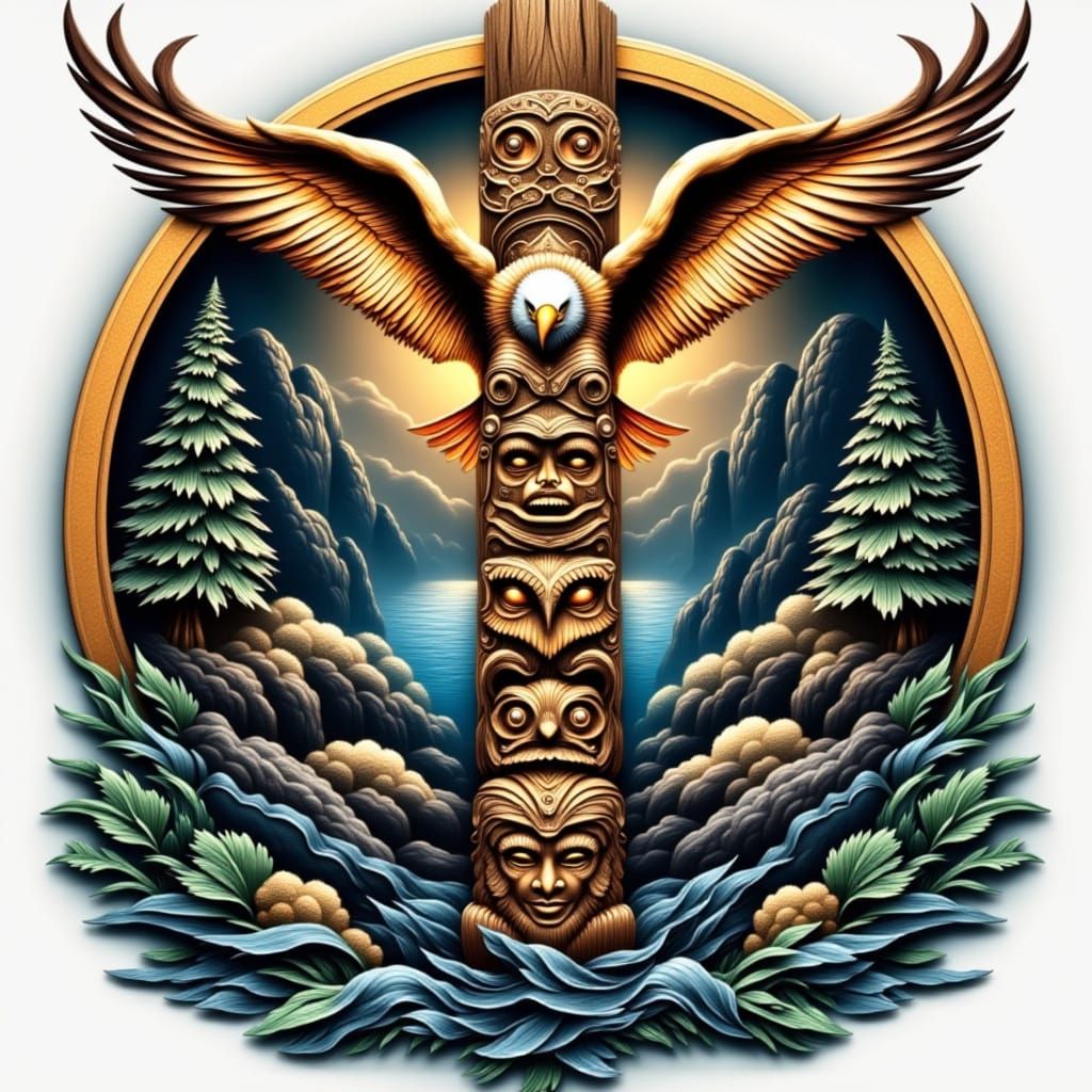 Totem Pole with Eagle and Whale in Surreal Style