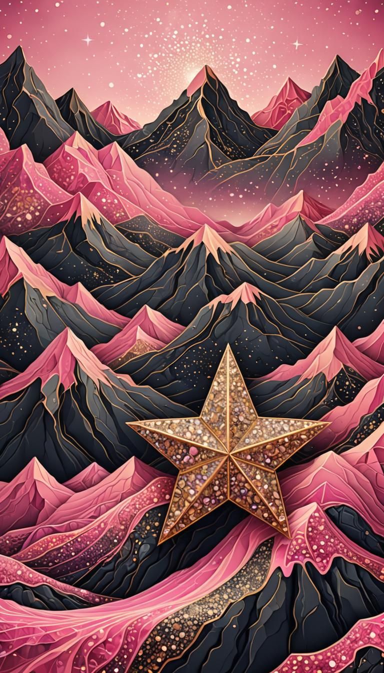 Golden Glitter Star Over Pink Mountain