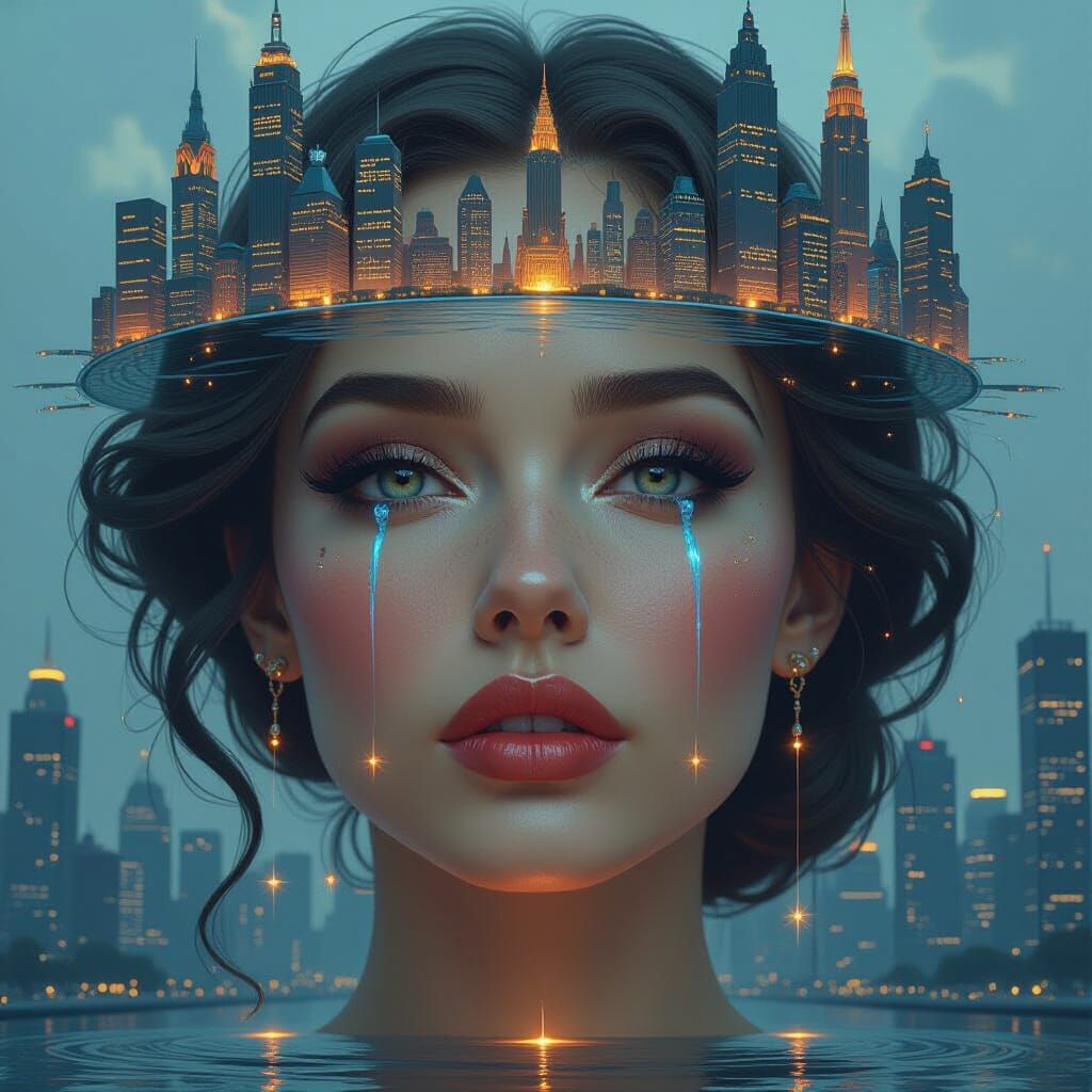 Surreal Cityscape Sculpted on Woman's Face