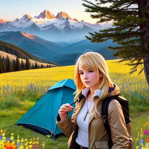 Blonde Backpacker and Tent in Wildflower Mountain Field