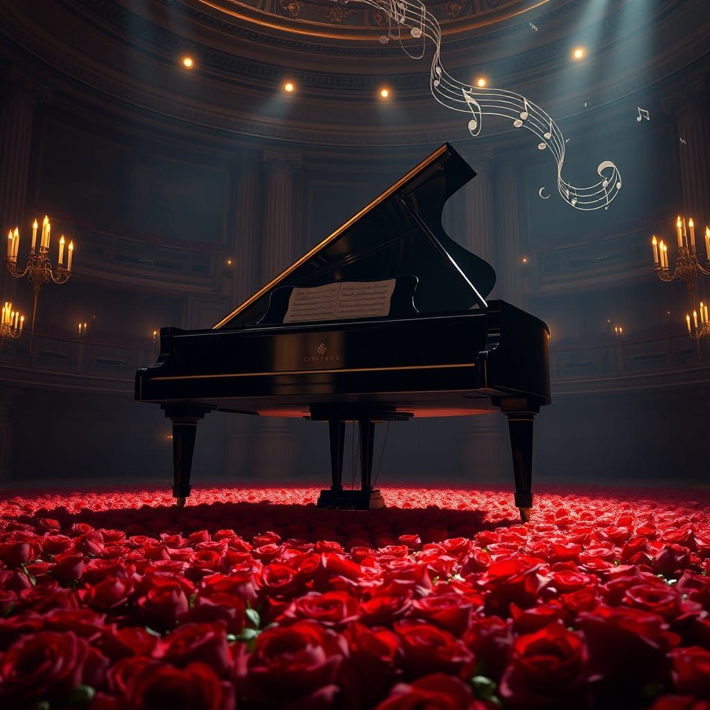 Ethereal Piano Concert in Opulent Hall with Roses