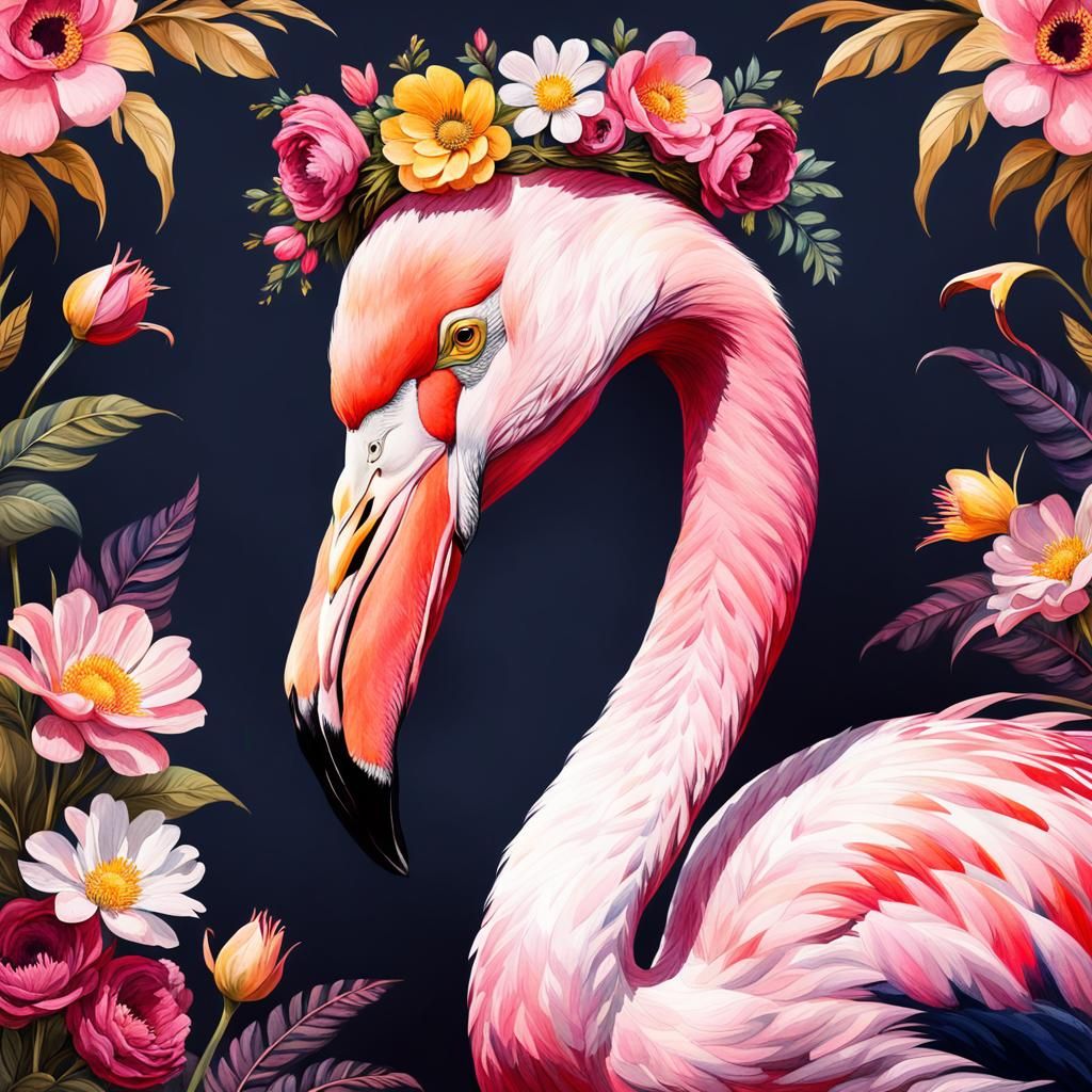 Majestic Flamingo with Floral Crown: Watercolor Illustration