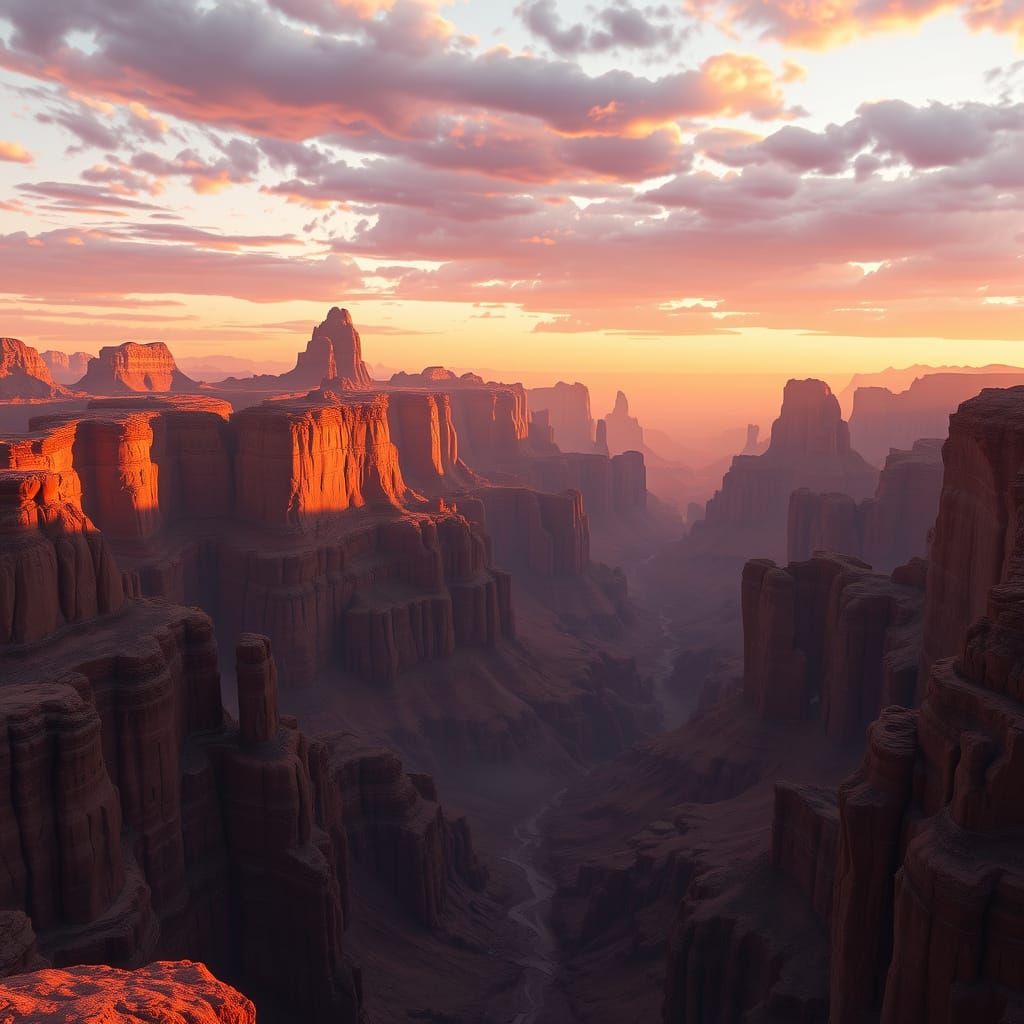 Surreal Sunset Canyon Landscape in Hyper-Realistic 3D Style