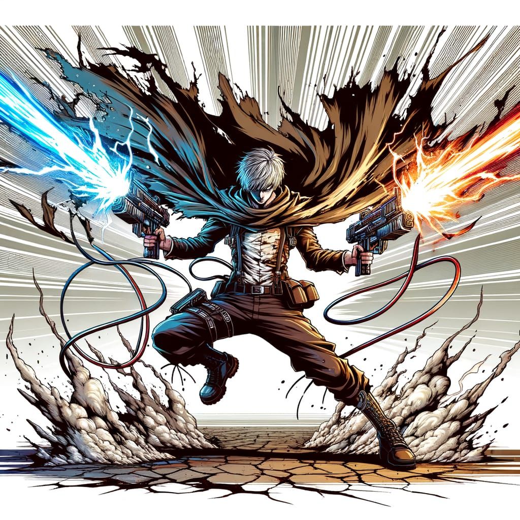 Determined Anime Hero Leaps Forward with Plasma Guns Blazing