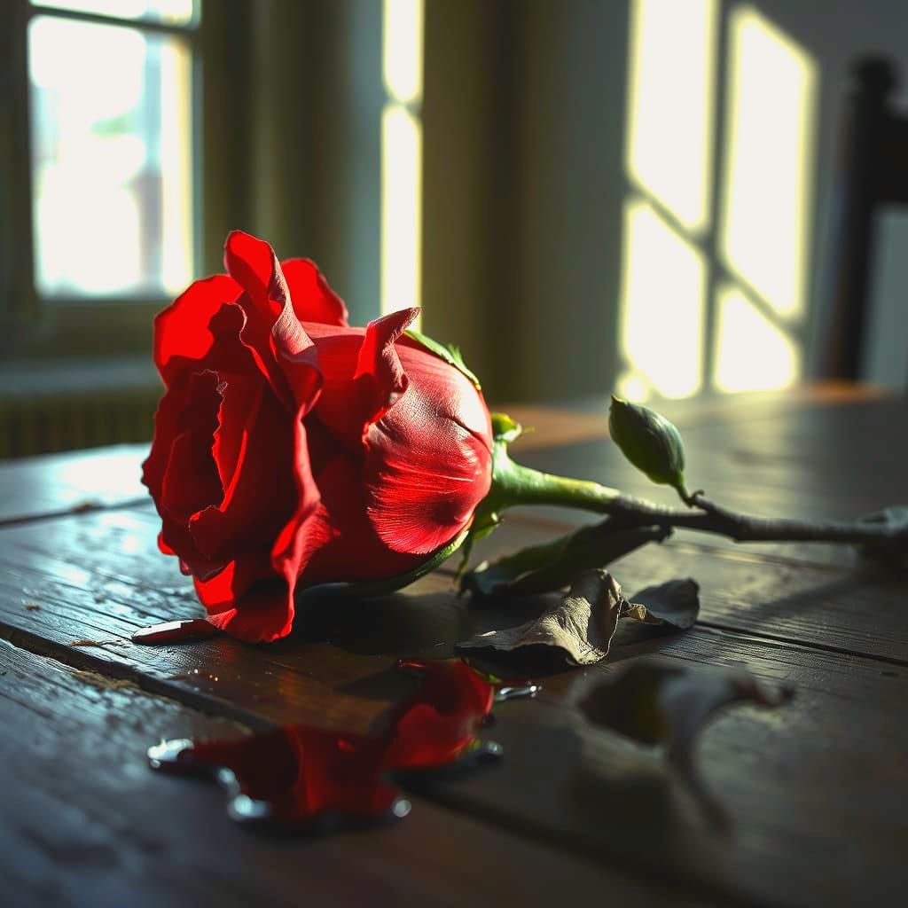 Dramatic Dying Red Flower in a Pool of Blood